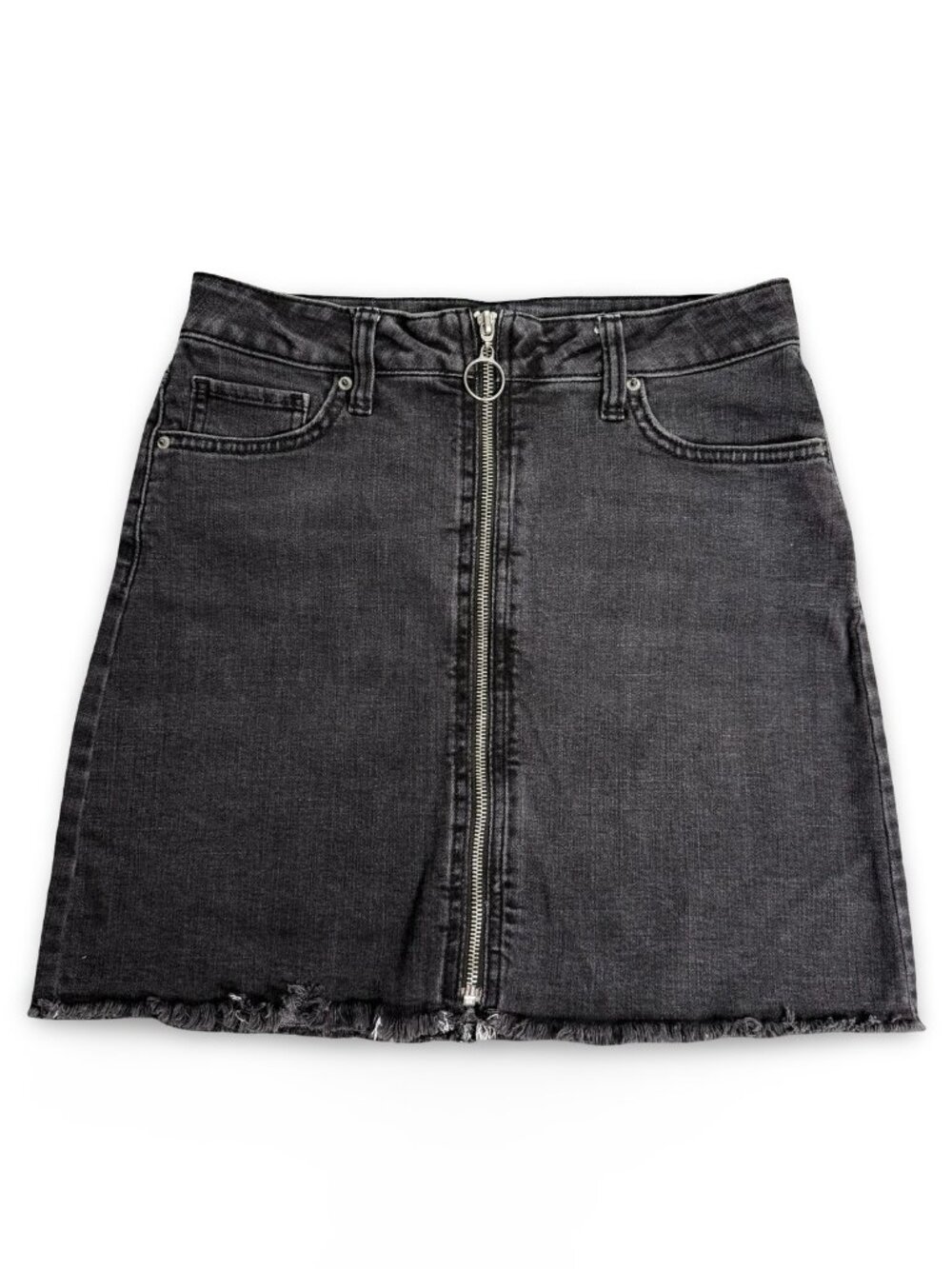 Arizona Full Front Zip Denim Mini Skirt Juniors 5 Black Wash Raw Hem Stretch Y2K